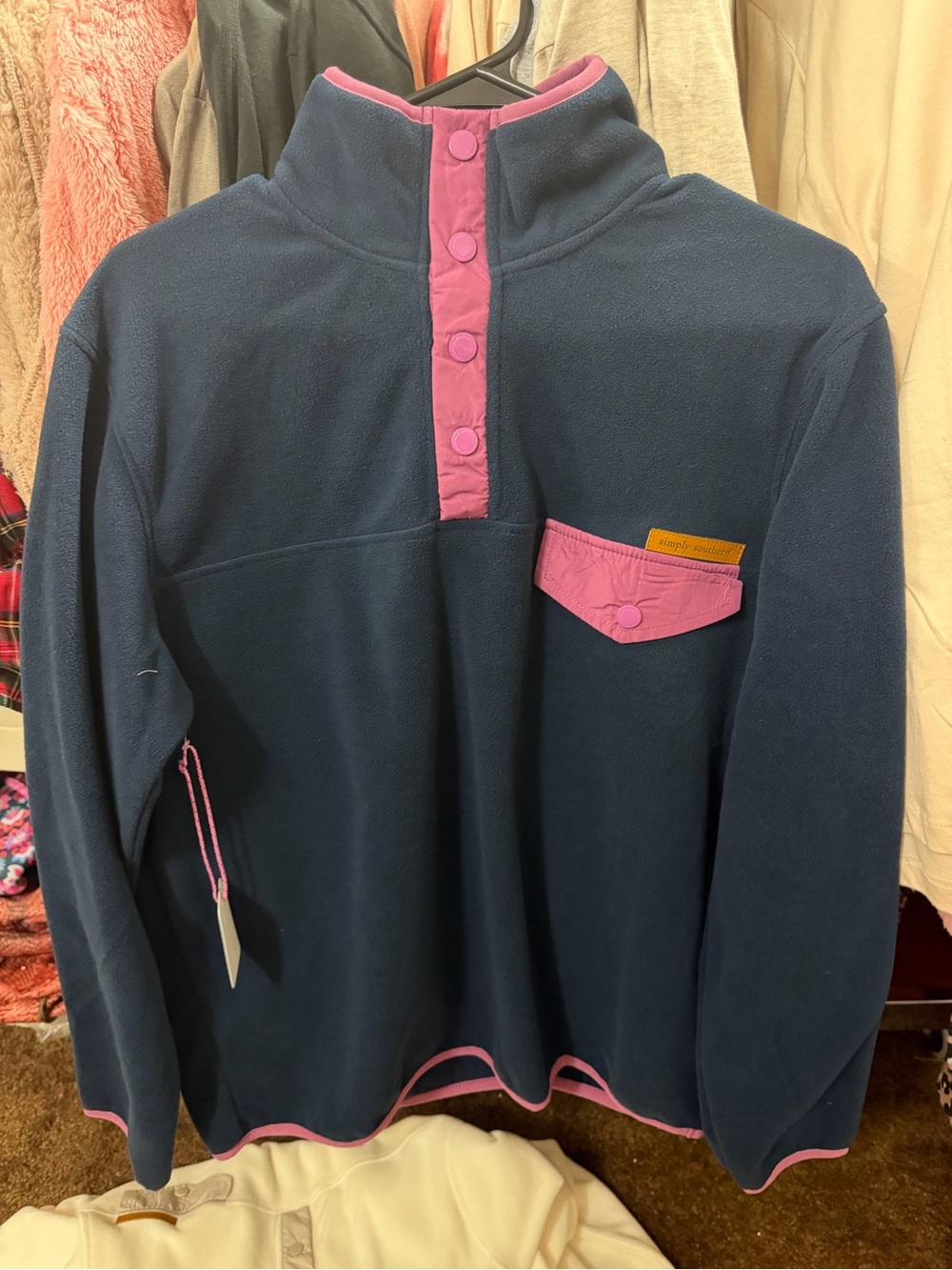 Simply Southern Navy Pullover Fleece with Pink Trim